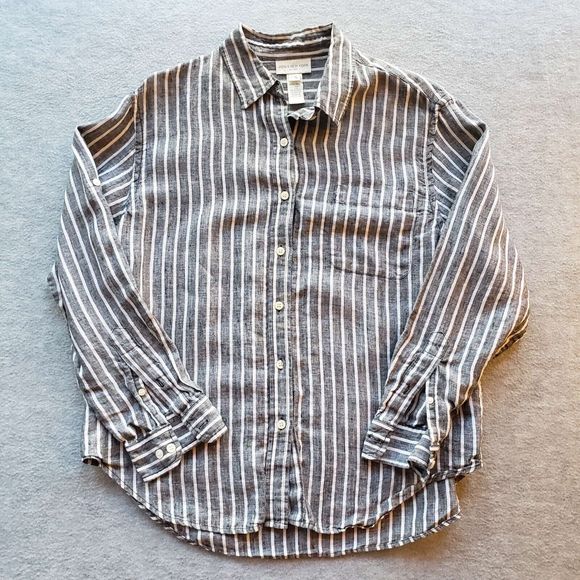 JNY Jones New York Womens Large 100% Linen Button Front Shirt Top Striped - Picture 1 of 6